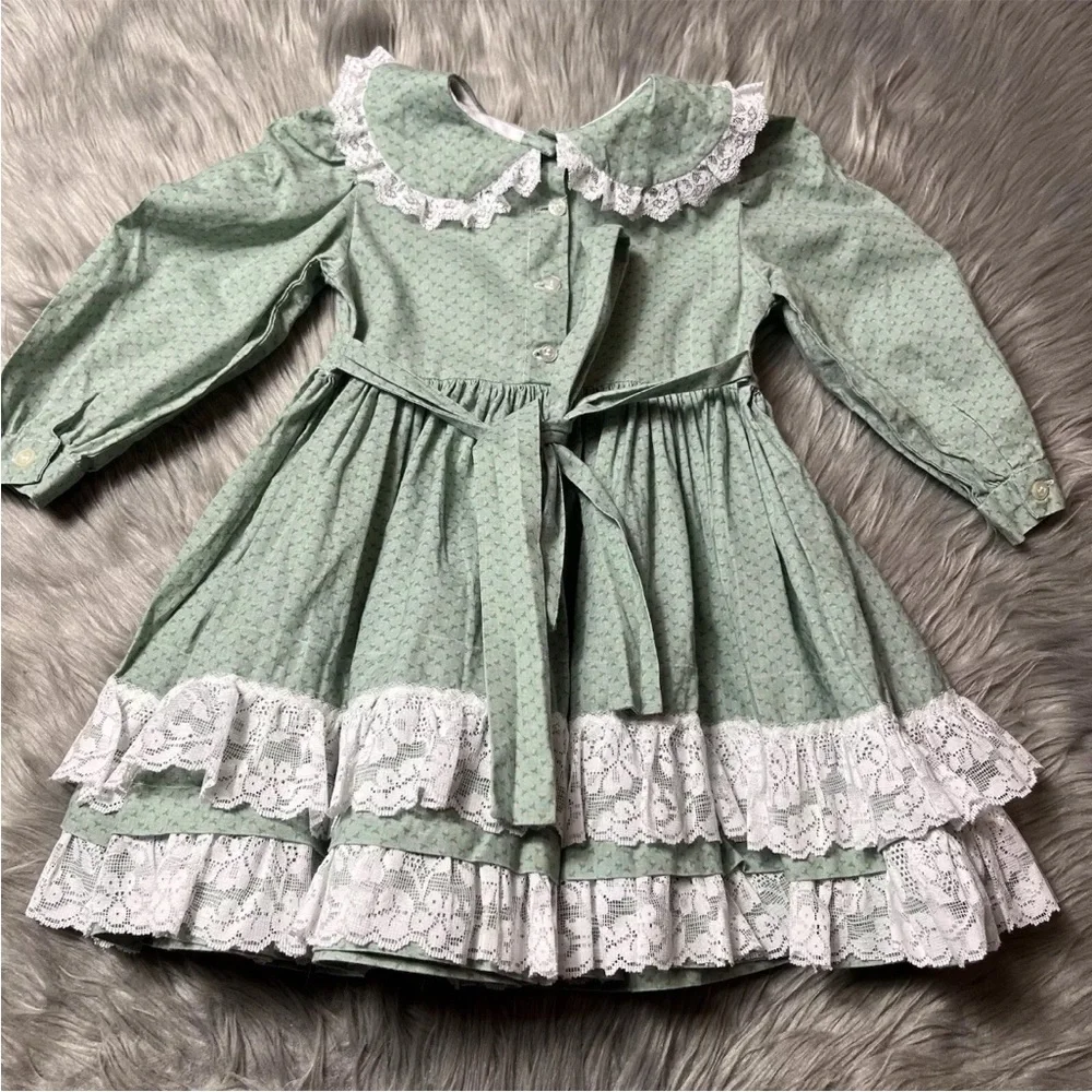 Vintage Handmade Green Pink Floral Lace Ruffle Girls Dress Easter